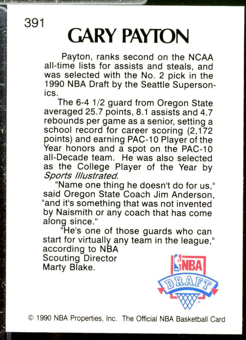 Gary Payton Rookie Card 1990-91 Hoops #391  Image 2