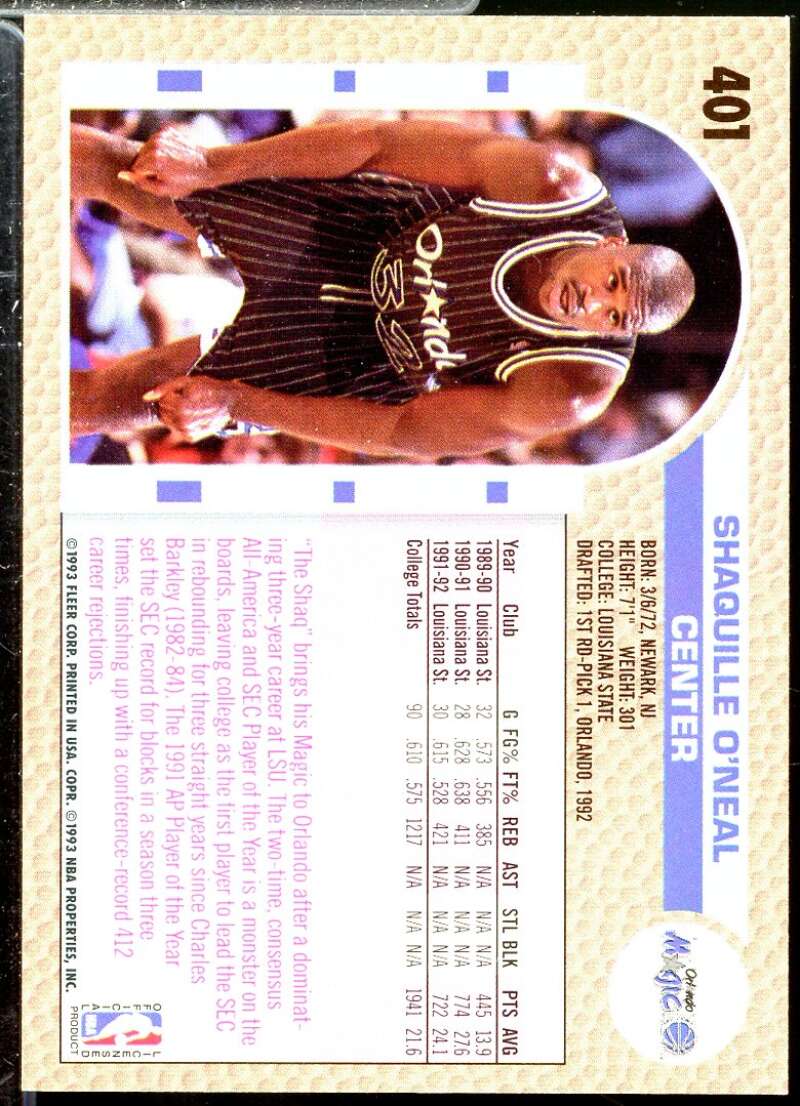 Shaquille O'Neal Rookie Card 1992-93 Fleer #401  Image 2