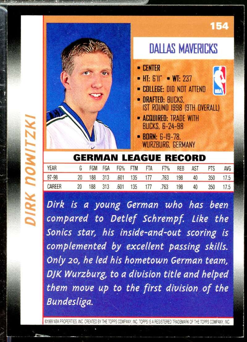 Dirk Nowitzki Rookie Card 1998-99 Topps #154  Image 2