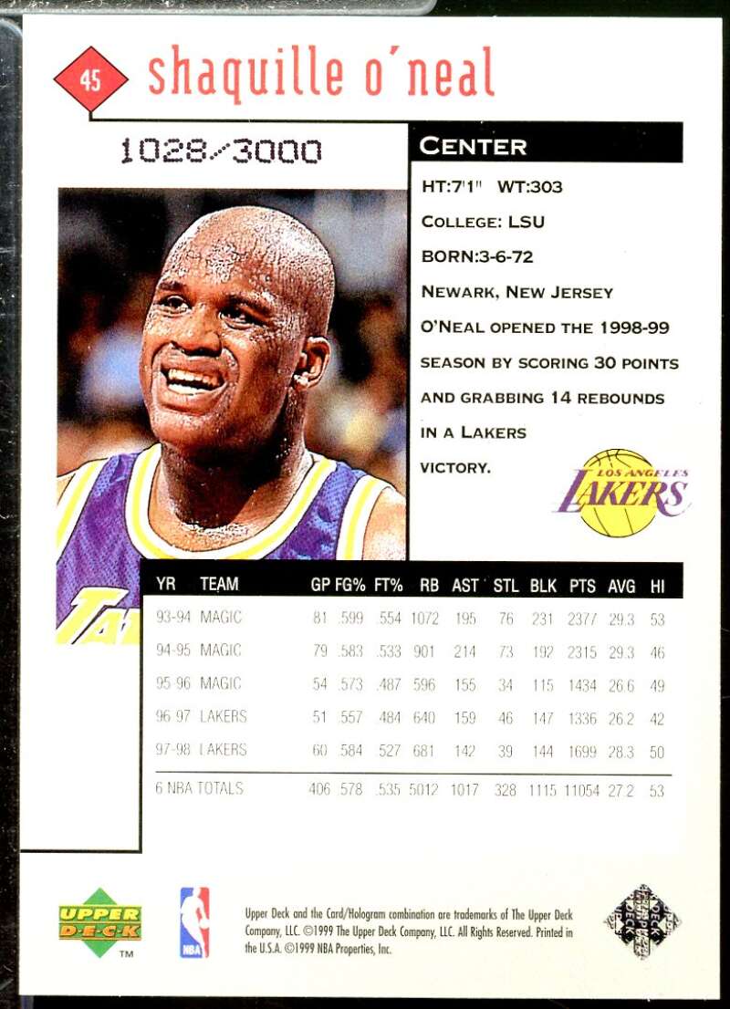 Shaquille O'Neal Card 1998-99 Black Diamond Double Diamond #45  Image 2