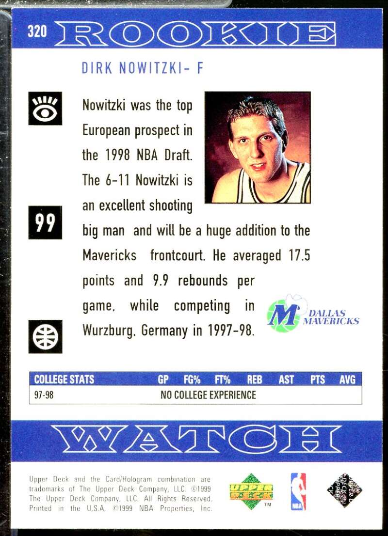 Dirk Nowitzki Rookie Card 1998-99 Upper Deck #320  Image 2