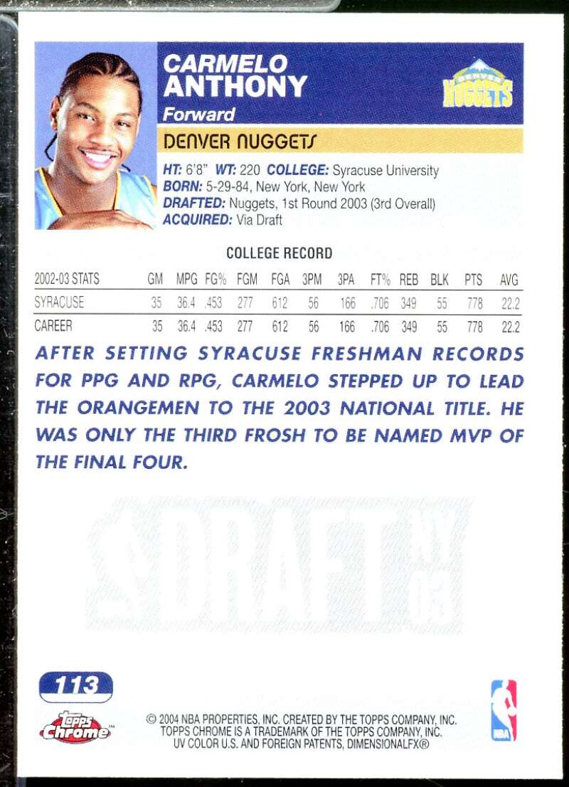Carmelo Anthony Rookie Card 2003-04 Topps Chrome #113  Image 2