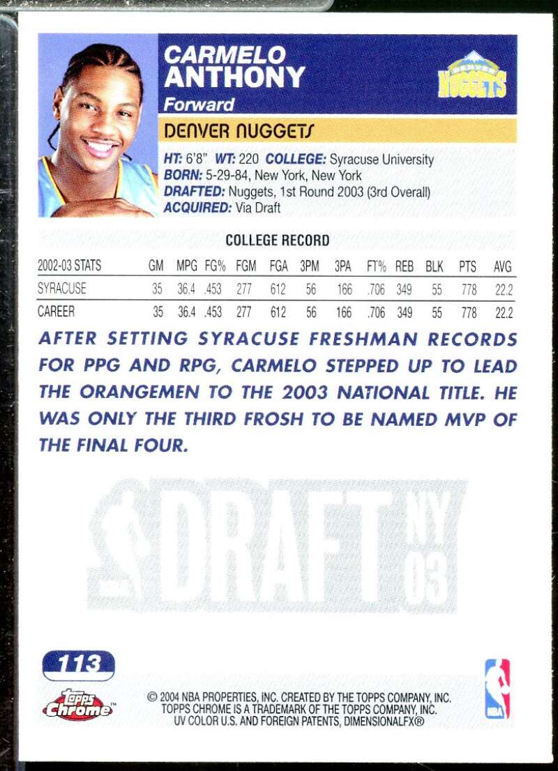Carmelo Anthony Rookie Card 2003-04 Topps Chrome #113  Image 2