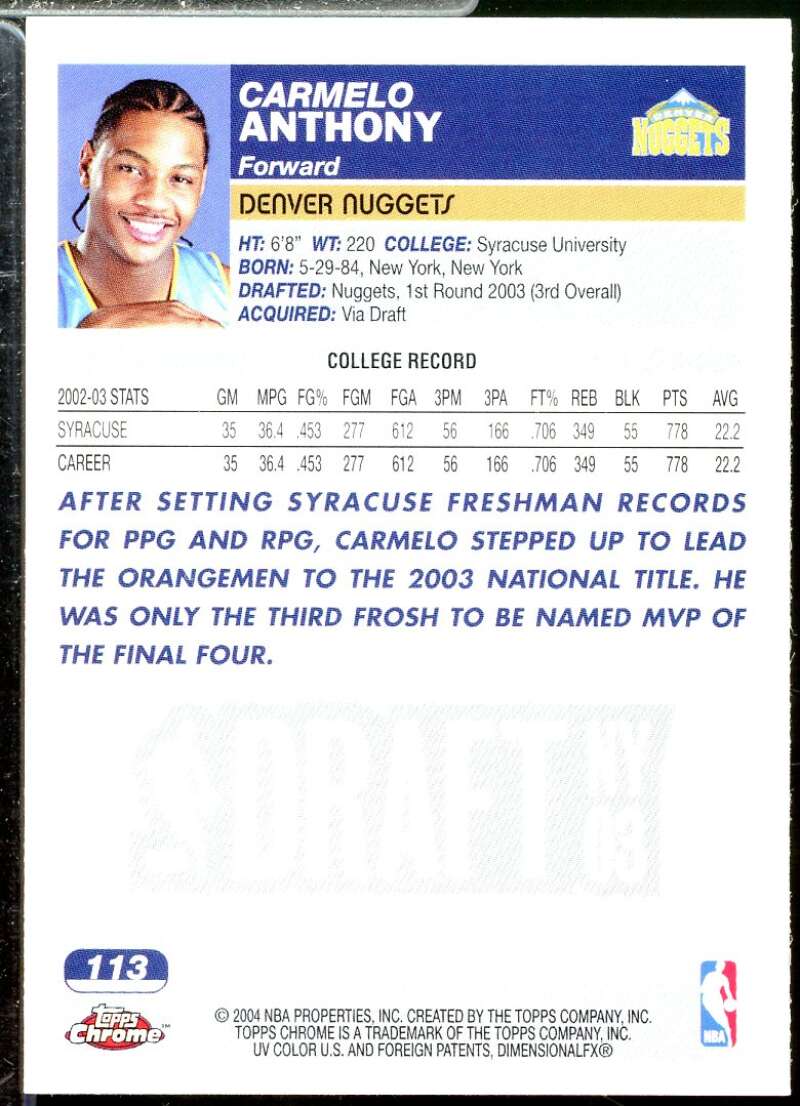 Carmelo Anthony Rookie Card 2003-04 Topps Chrome #113  Image 2