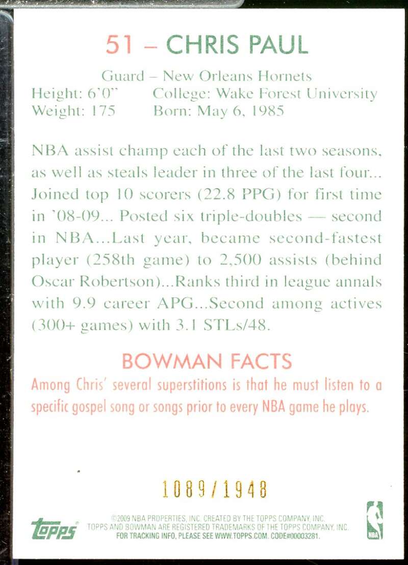 Chris Paul Card 2009-10 Bowman 48 Blue #51  Image 2