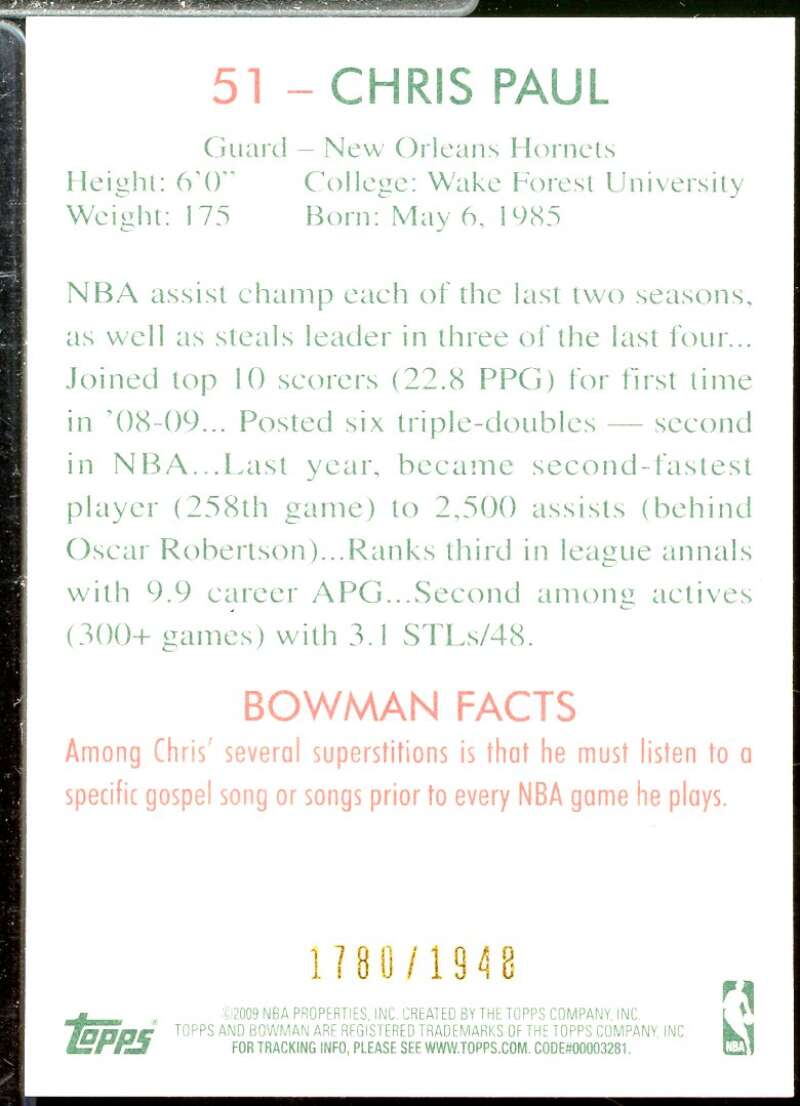 Chris Paul Card 2009-10 Bowman 48 Blue #51  Image 2