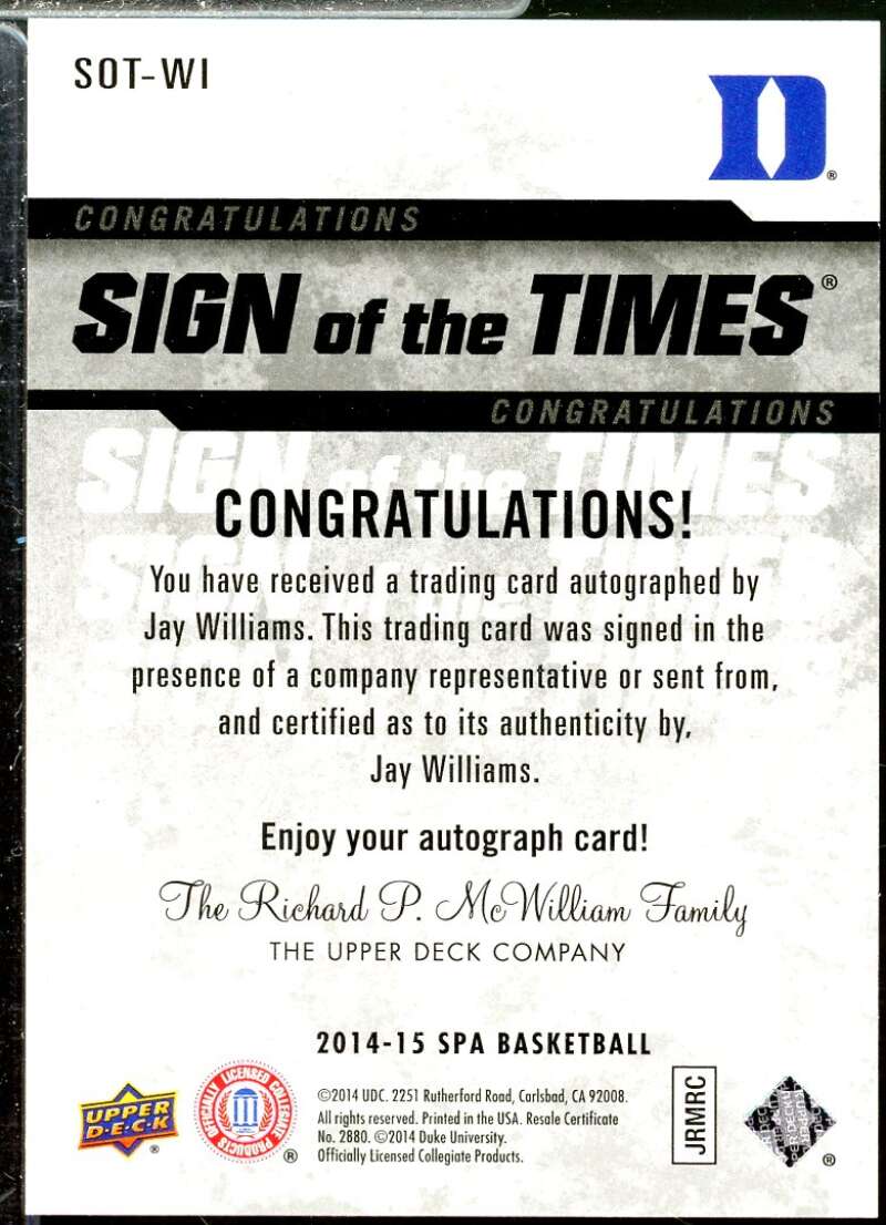 Jay Williams Card 2014-15 SP Authentic Sign of the Times #SOTWI  Image 2