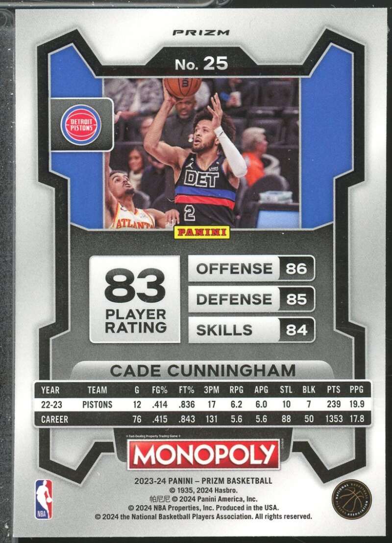Cade Cunningham Card 2023-24 Panini Prizm Monopoly Purple #25  Image 2
