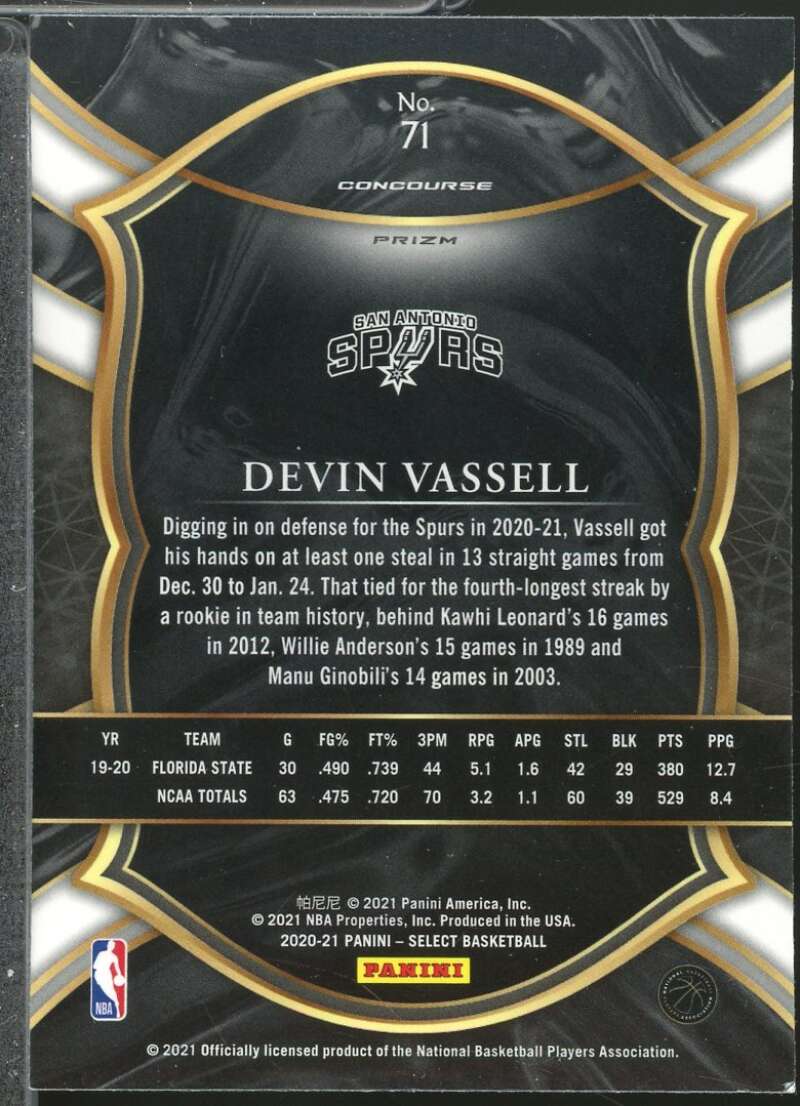 Devin Vassell Rookie Card 2020-21 Select Prizms Green White Purple #71  Image 2