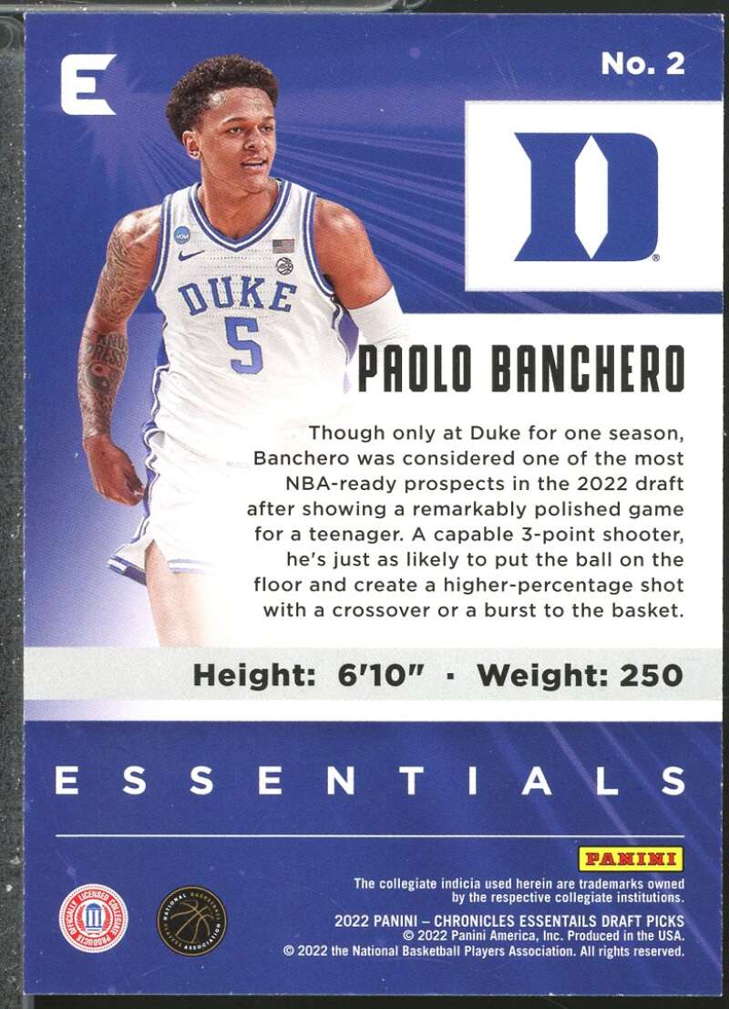 Paolo Banchero Rookie Card 2022-23 Panini Chronicles Draft Picks Essentials #2  Image 2