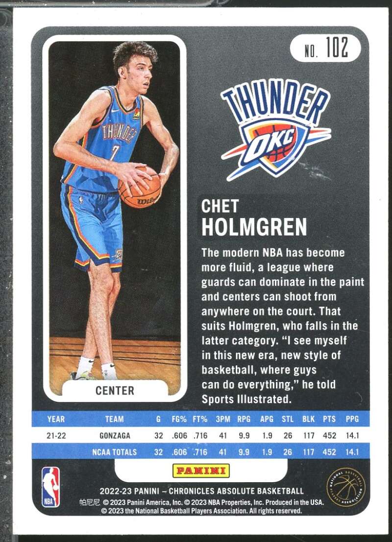 Chet Holmgren/Absolute Rookie Card 2022-23 Panini Chronicles #102  Image 2