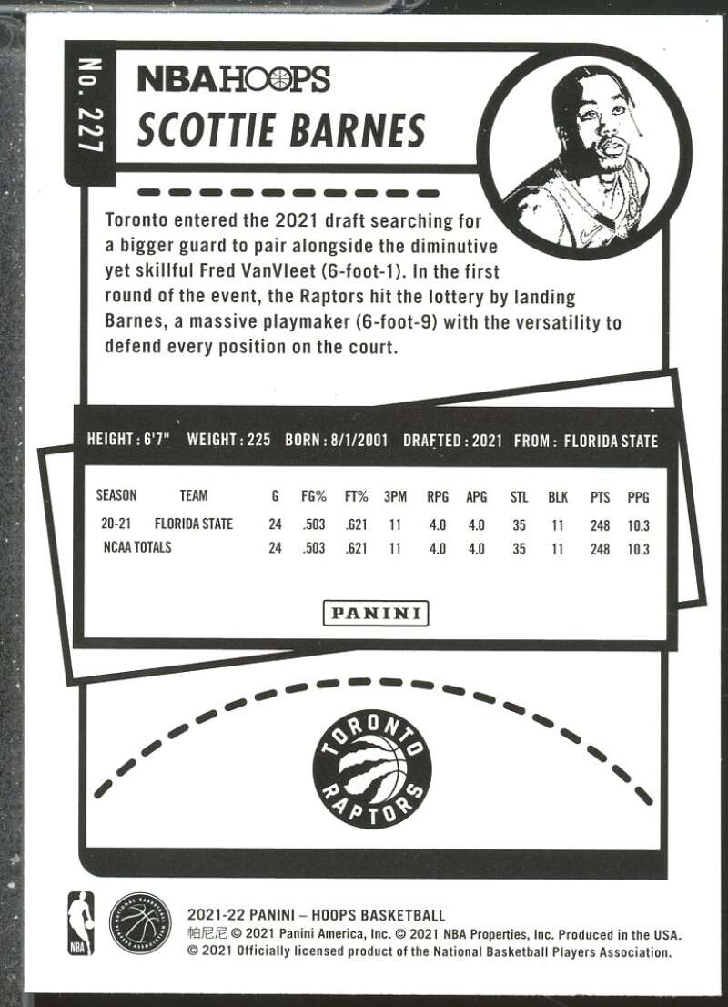 Scottie Barnes Rookie Card 2021-22 Hoops #227  Image 2