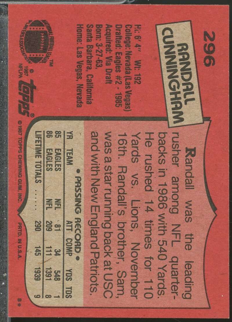 Randall Cunningham Rookie Card 1987 Topps #296  Image 2