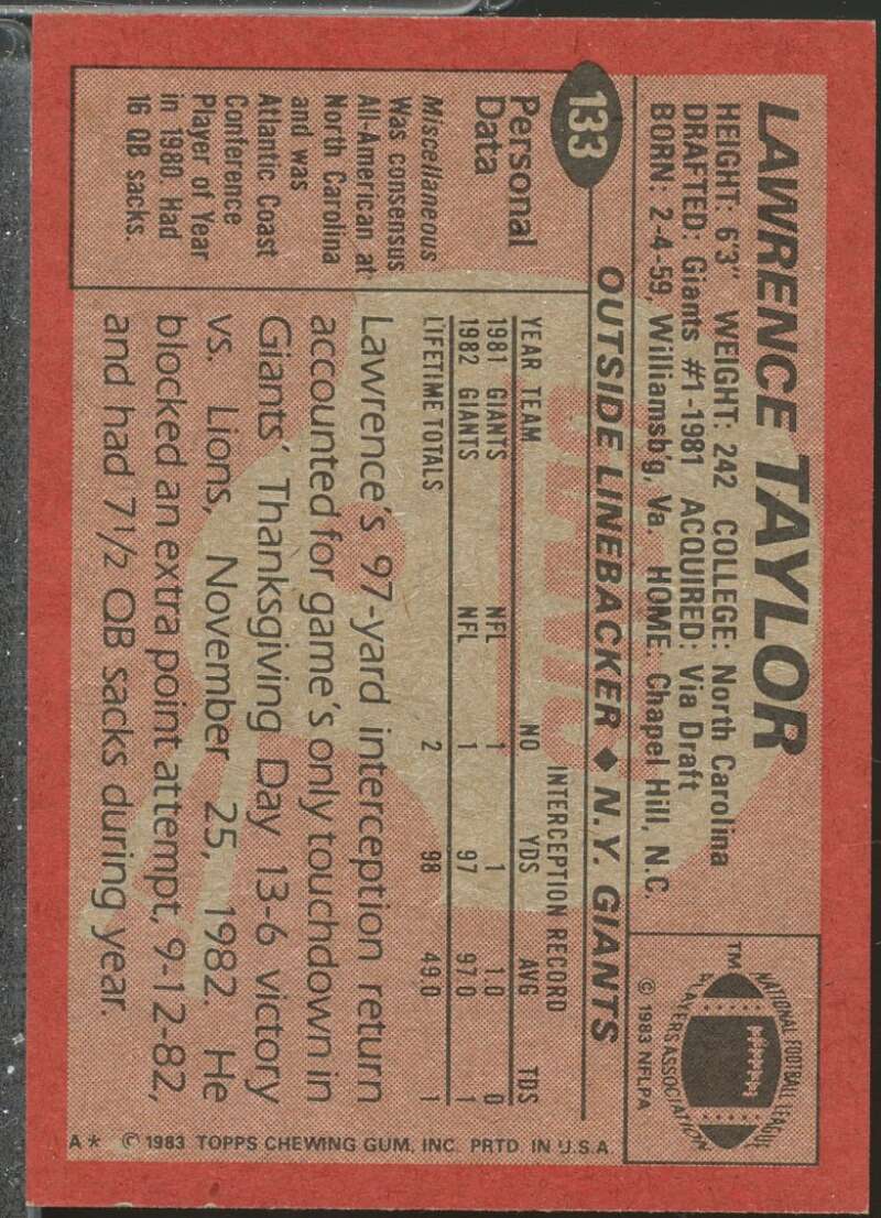 Lawrence Taylor PB Card 1983 Topps #133  Image 2