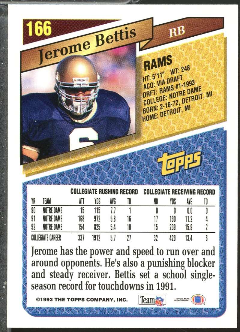 Jerome Bettis Rookie Card 1993 Topps #166  Image 2