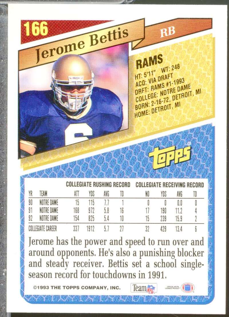 Jerome Bettis Rookie Card 1993 Topps #166  Image 2