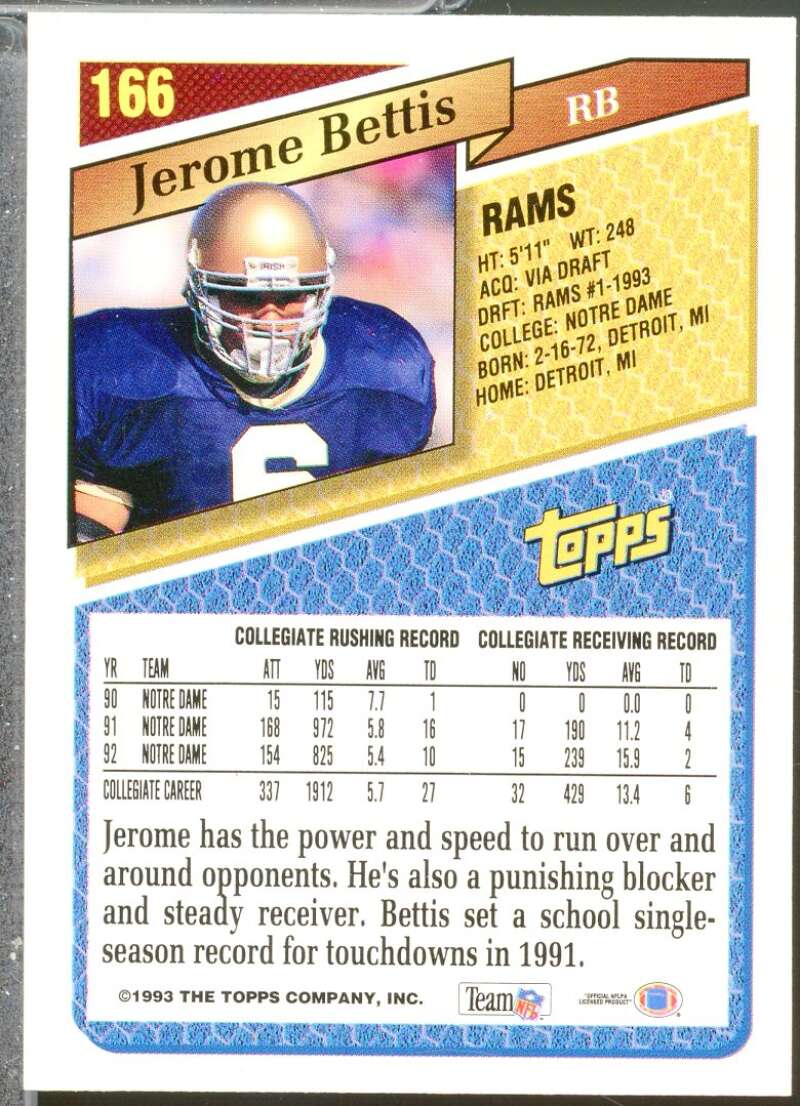 Jerome Bettis Rookie Card 1993 Topps #166  Image 2