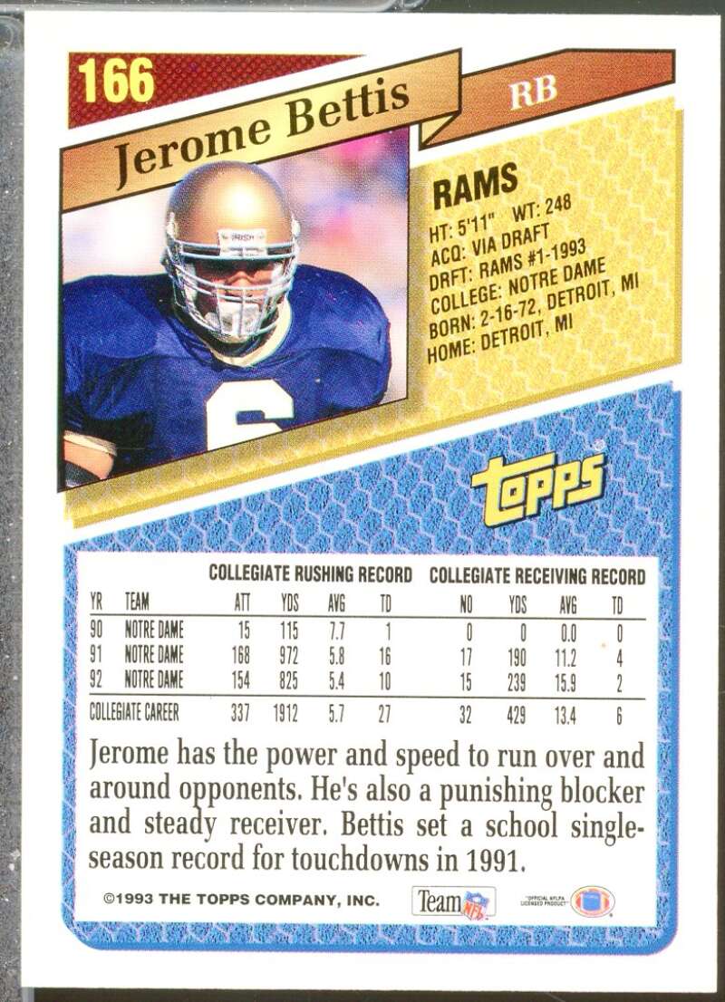 Jerome Bettis Rookie Card 1993 Topps #166  Image 2
