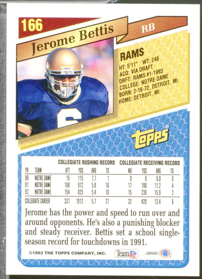 Jerome Bettis Rookie Card 1993 Topps #166  Image 2