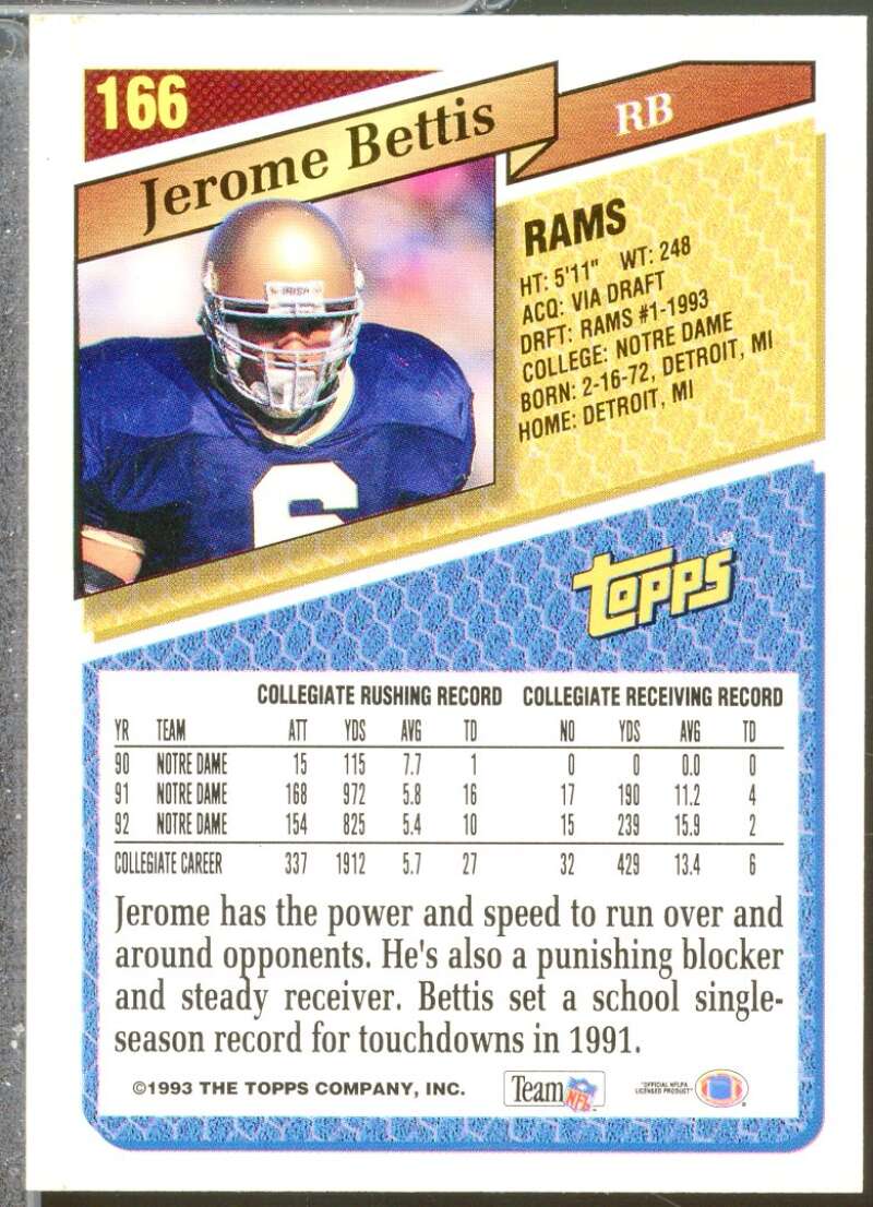 Jerome Bettis Rookie Card 1993 Topps #166  Image 2