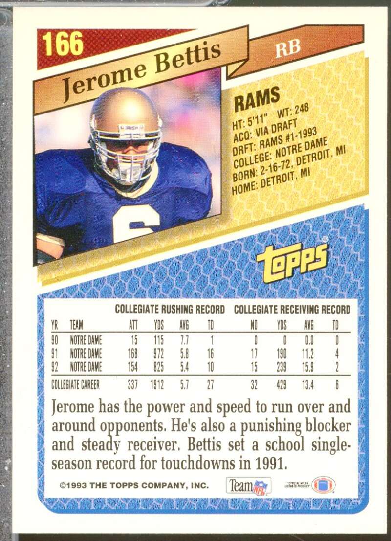 Jerome Bettis Rookie Card 1993 Topps #166  Image 2