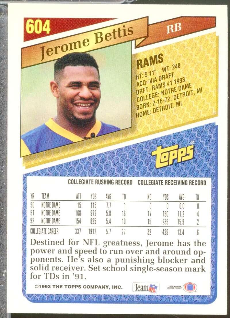 Jerome Bettis Rookie Card 1993 Topps #604  Image 2