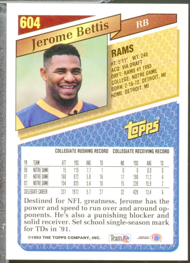 Jerome Bettis Rookie Card 1993 Topps #604  Image 2