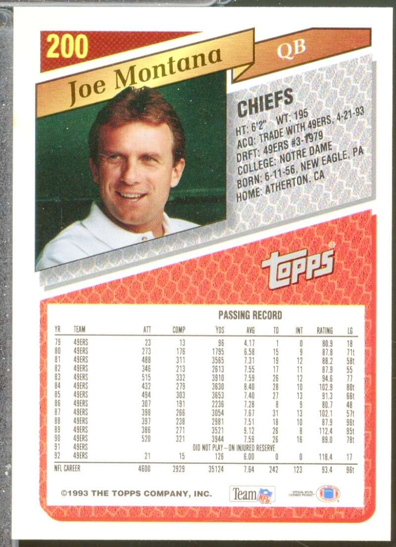 Joe Montana Card 1993 Topps Gold #200  Image 2