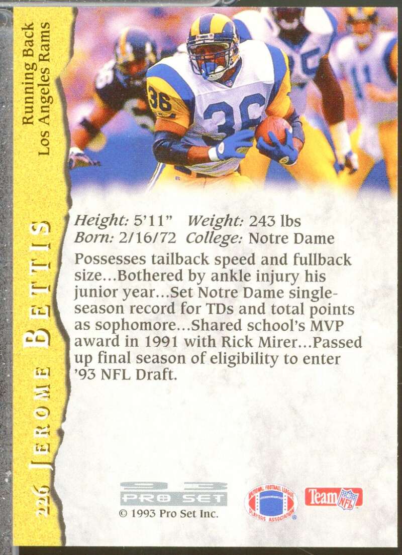 Jerome Bettis Rookie Card 1993 Pro Set #226  Image 2