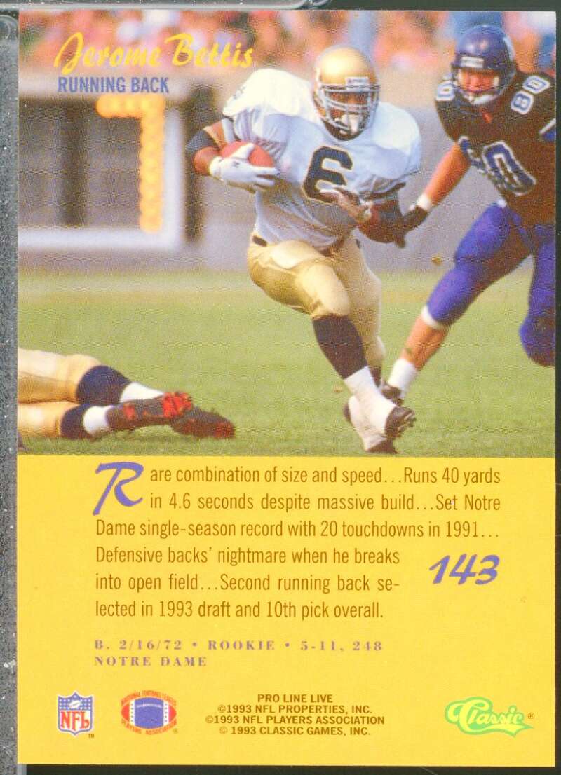 Jerome Bettis Rookie Card 1993 Pro Line Live #143  Image 2