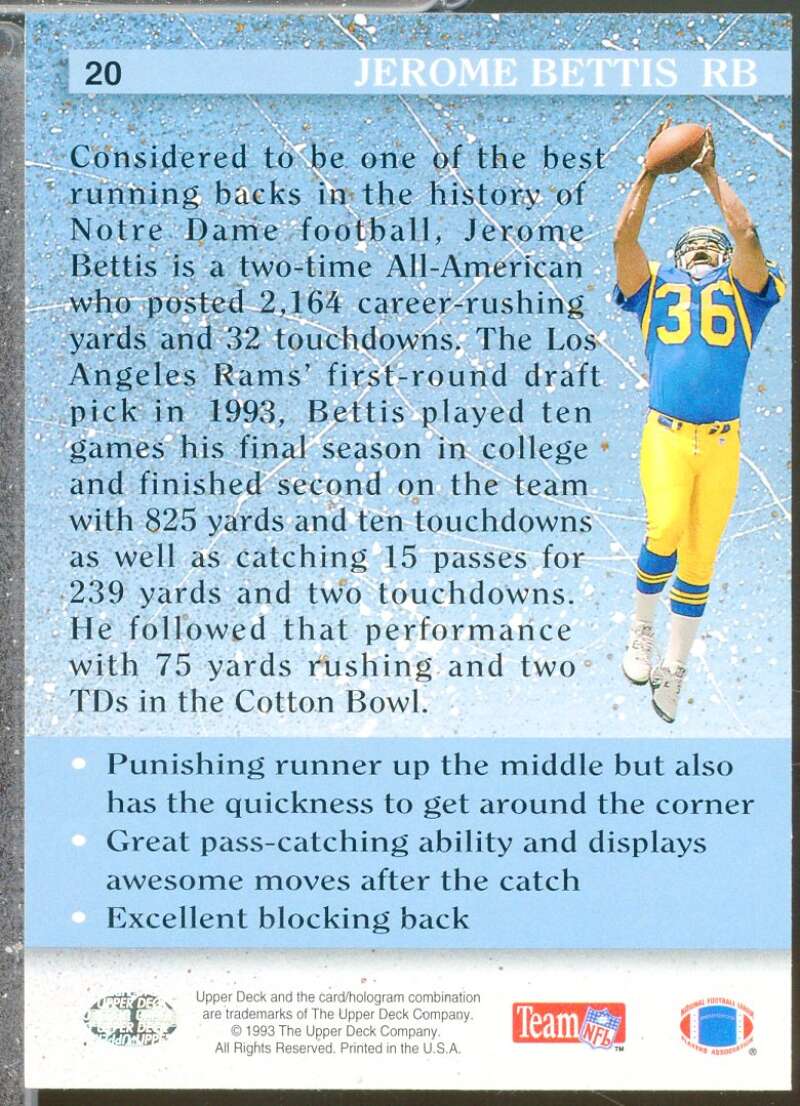 Jerome Bettis Rookie Card 1993 Upper Deck #20  Image 2