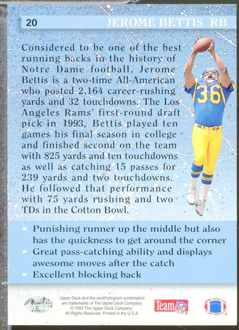 Jerome Bettis Rookie Card 1993 Upper Deck #20  Image 2