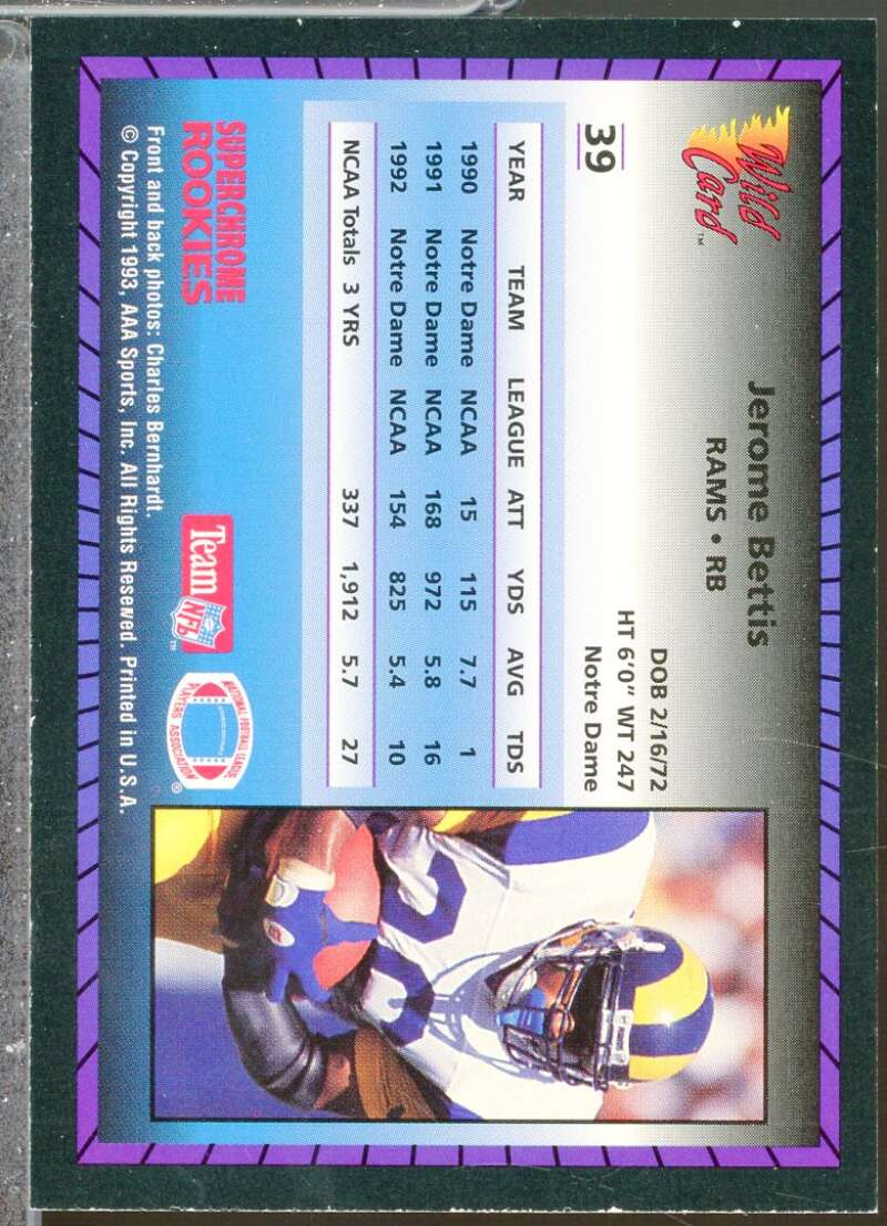 Jerome Bettis Rookie Card 1993 Wild Card Superchrome Rookies #39  Image 2
