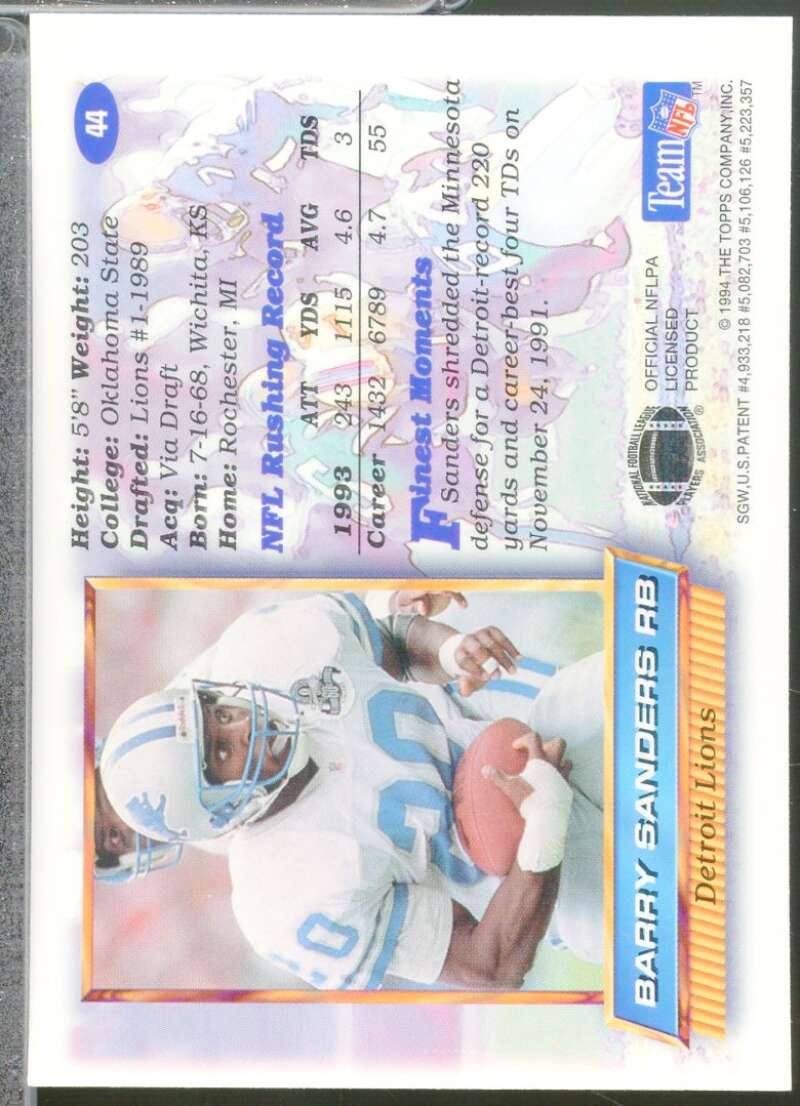 Barry Sanders Card 1994 Finest #44  Image 2