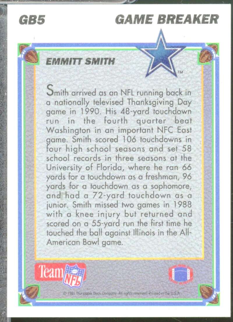 Emmitt Smith Card 1991 Upper Deck Game Breaker Holograms #GB5  Image 2