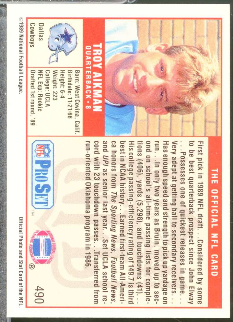 Troy Aikman Rookie Card 1989 Pro Set #490  Image 2