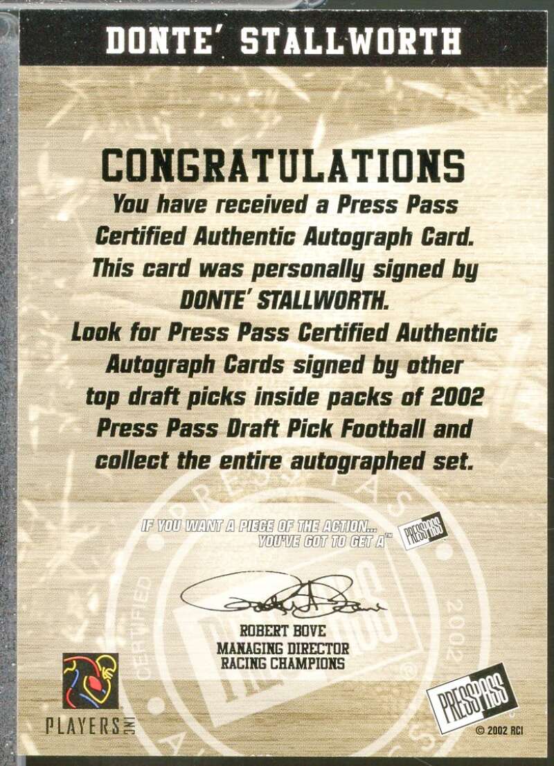 Donte Stallworth Rookie Card 2002 Press Pass Autographs #39  Image 2