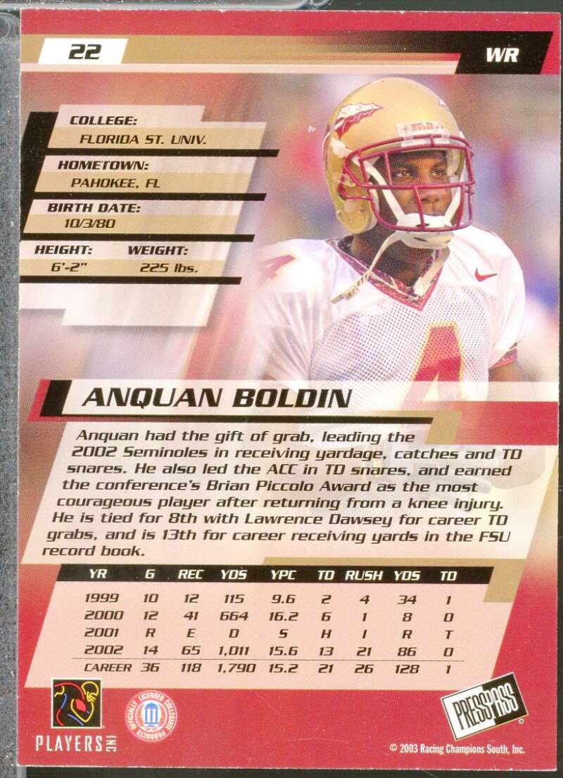 Anquan Boldin Rookie Card 2003 Press Pass #22  Image 2