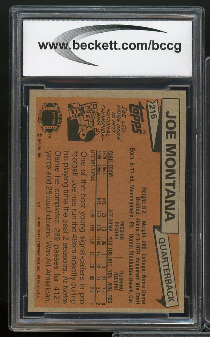 1981 Topps #216 Joe Montana Rookie Card BGS BCCG 9 Near Mint+ Image 2