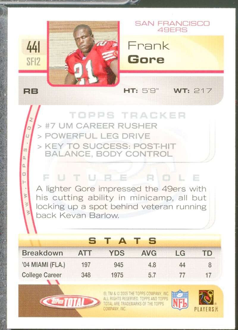 Frank Gore Rookie Card 2005 Topps Total #441  Image 2