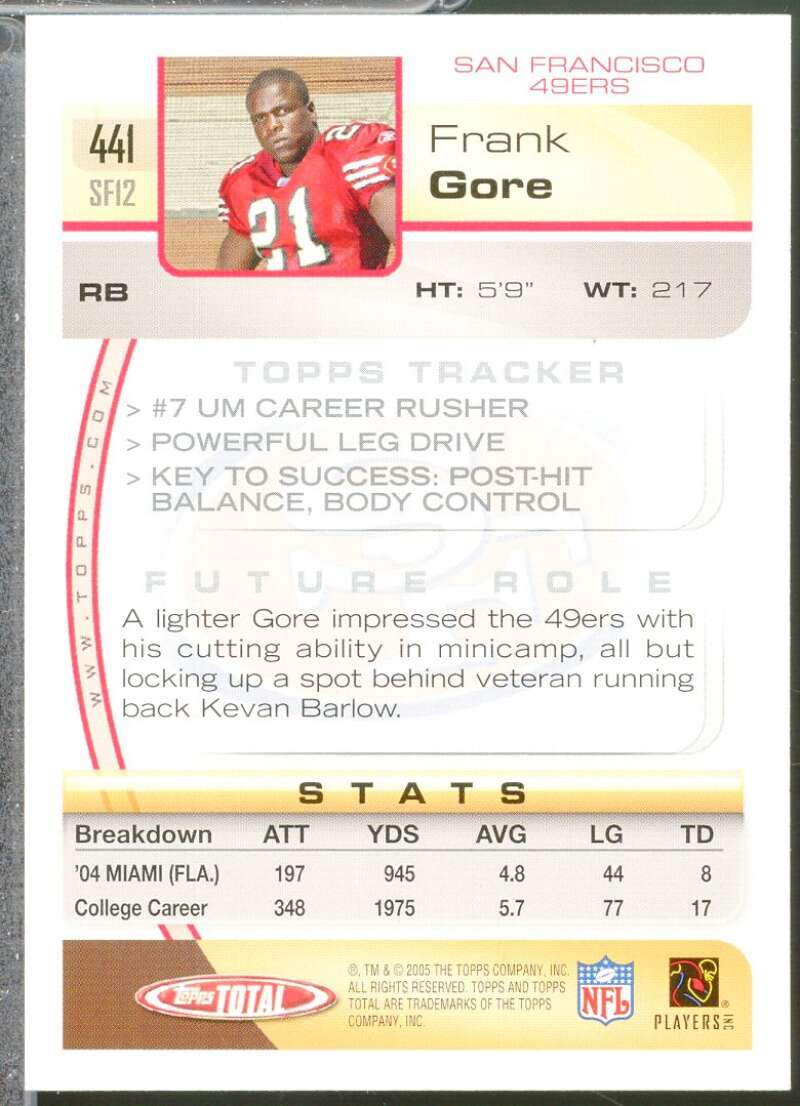 Frank Gore Rookie Card 2005 Topps Total #441  Image 2