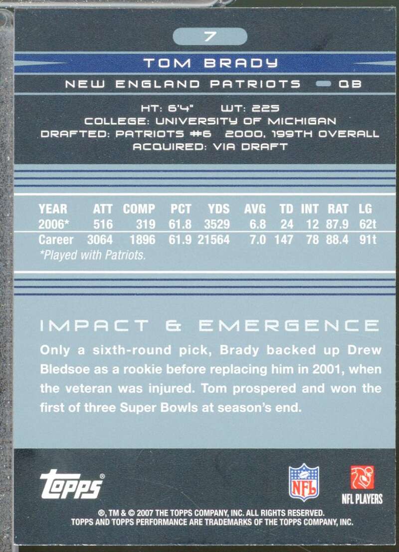 Tom Brady Card 2007 Topps Performance #7  Image 2