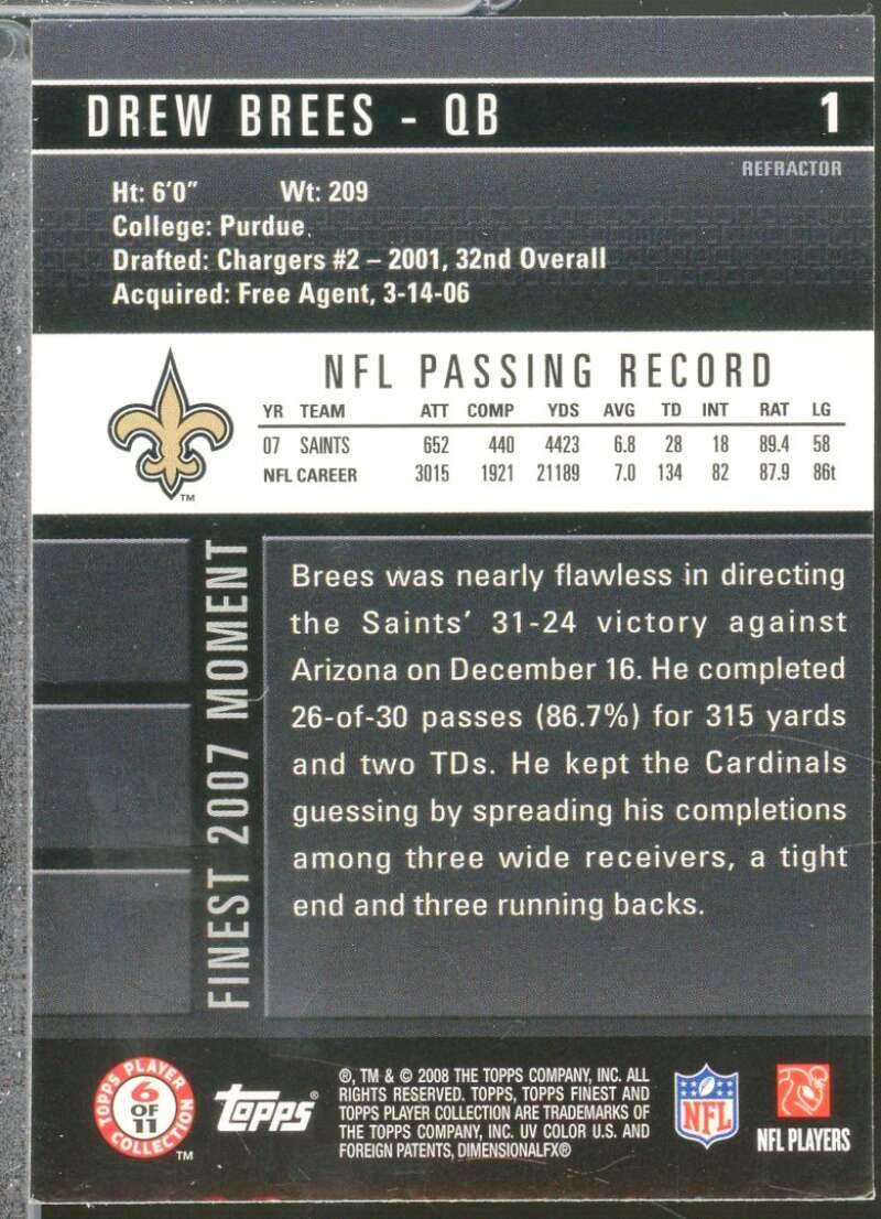 Drew Brees Card 2008 Finest Blue Refractor #1  Image 2