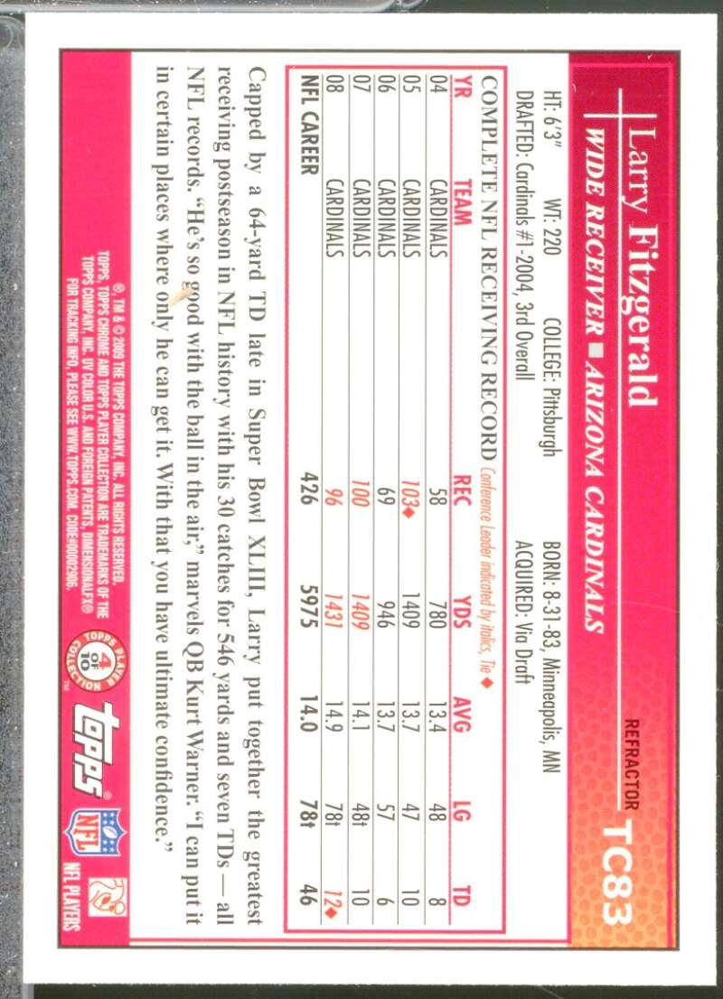 Larry Fitzgerald Card 2009 Topps Chrome Refractors #TC83  Image 2