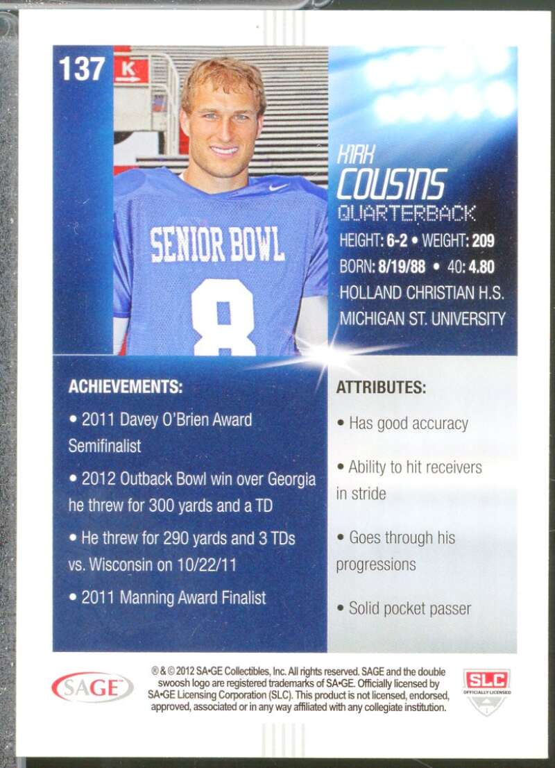 Kirk Cousins Rookie Card 2012 SAGE HIT #137  Image 2