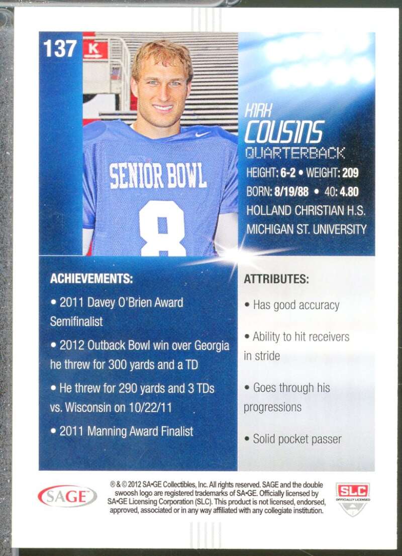 Kirk Cousins Rookie Card 2012 SAGE HIT #137  Image 2