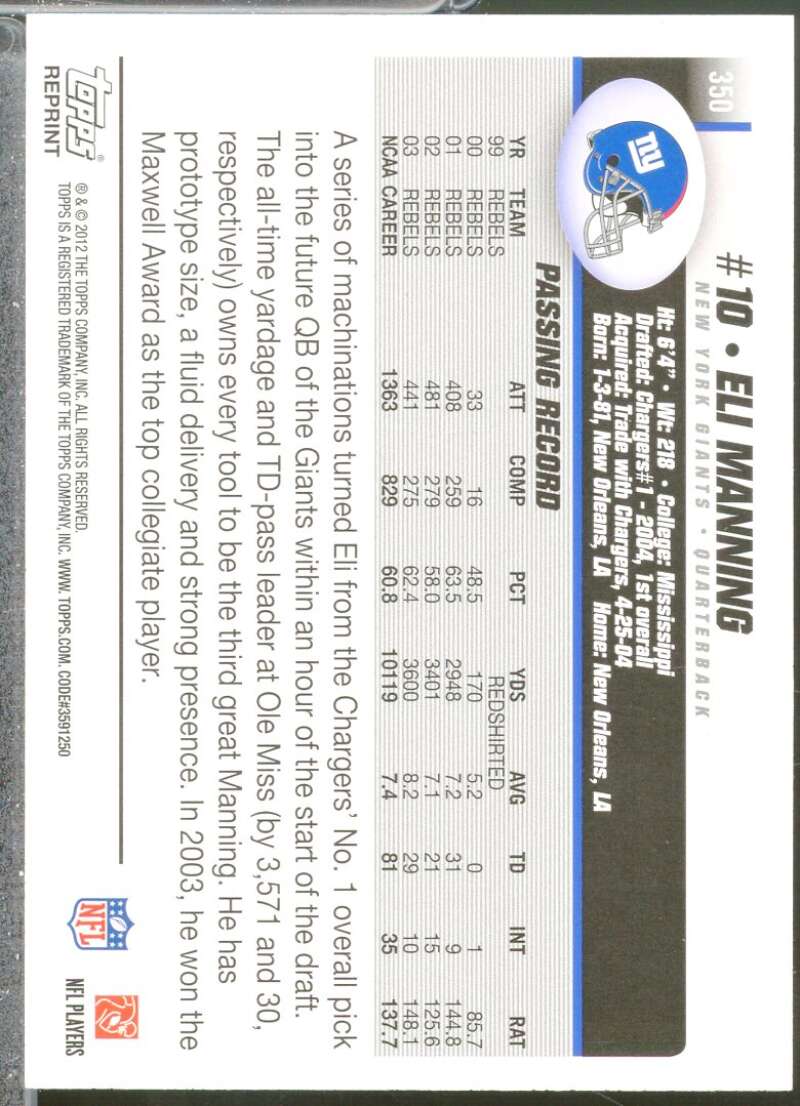 Eli Manning 04 Card 2012 Topps Rookie Reprint #350  Image 2