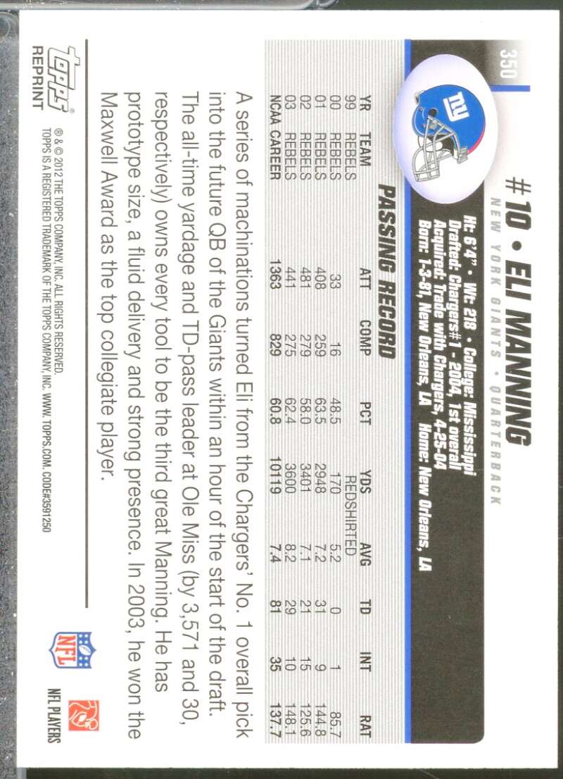 Eli Manning 04 Card 2012 Topps Rookie Reprint #350  Image 2