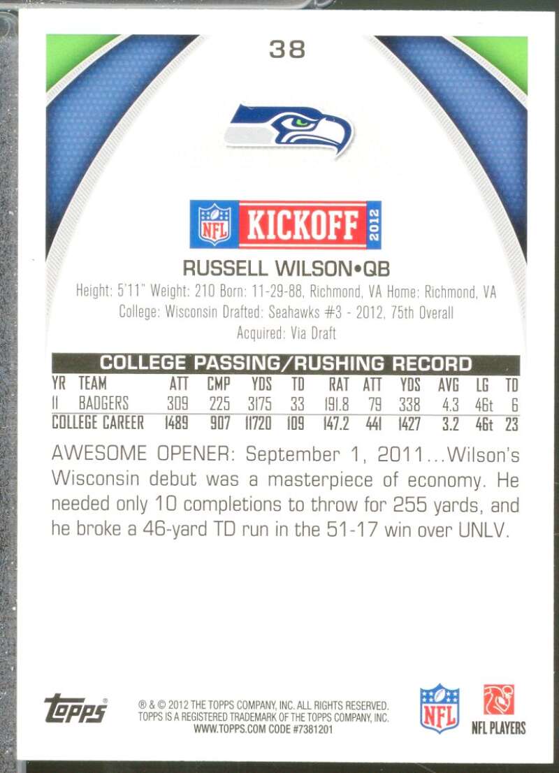 Russell Wilson Rookie Card 2012 Topps Kickoff #38  Image 2