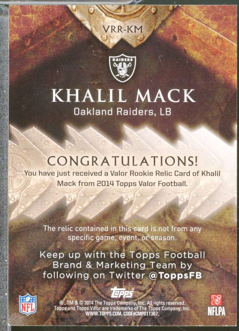 Khalil Mack Rookie Card 2014 Topps Valor Rookie Relics #VRRKM  Image 2